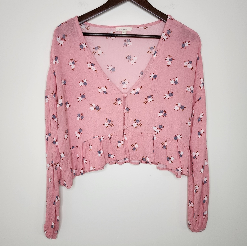L.A. Hearts Pink Floral Ruffle Longsleeve Cropped Top Large Cottagecore Boho